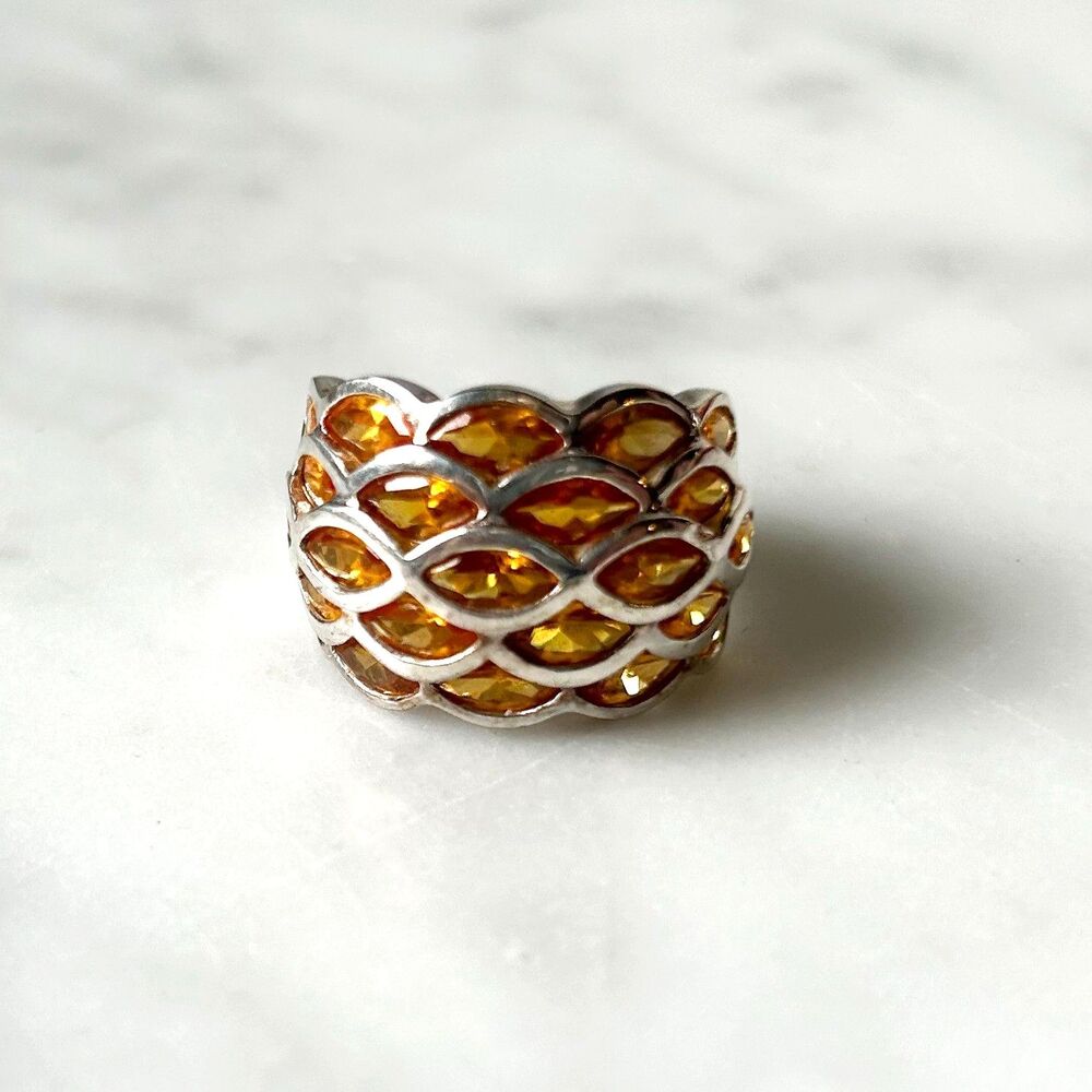 Sterling Silver 925 Thailand Wide Lattice Ring Honey Yellow Faceted Stones